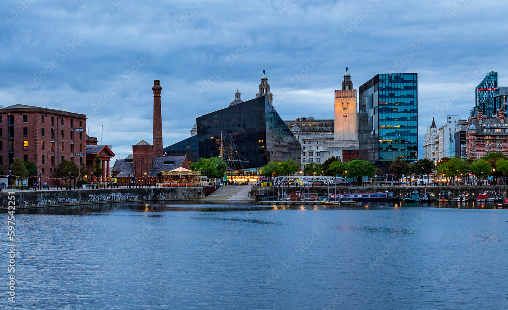 Salthouse Dock at blue hour, Liverpool, United Kingdom. Liverpool Waterfront and skyline. England, Great Britain.