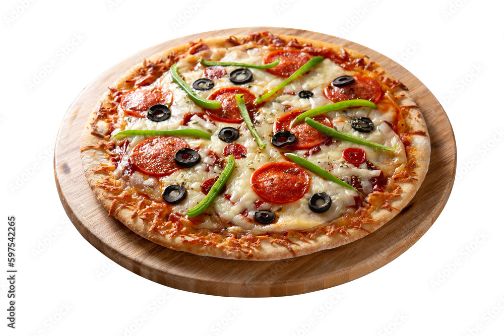 Traditional supreme pizza png image _ fast food image _ Indian food image _ pizza in isolated white back ground 