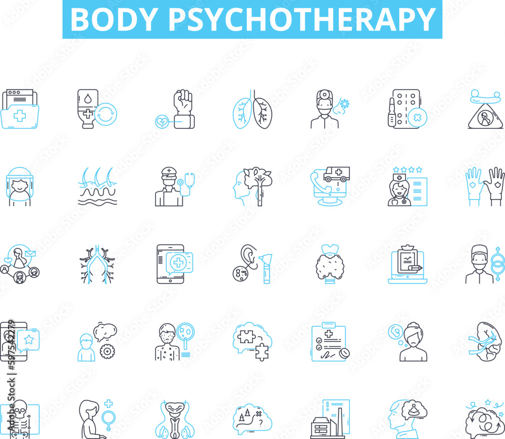 Body psychotherapy linear icons set. Embodiment, Movement, Sensation, Breathwork, Mindfulness, Bioenergetics, Interoception line vector and concept signs. Trauma,Expressive,Unconscious Generative AI