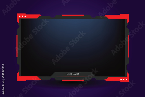 Stream overlay. Dark theme gaming video template with game screen, live chat and webcam frames Twitch stream panel overlay template. Digital streaming screen interface