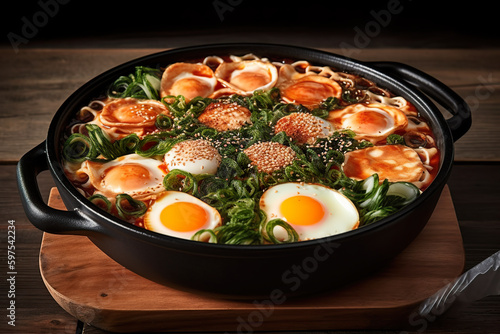 Tteokbokki Korean food in large bowl with fried eggs, AI generative illustration
