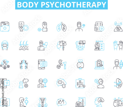 Body psychotherapy linear icons set. Embodiment, Movement, Sensation, Breathwork, Mindfulness, Bioenergetics, Interoception line vector and concept signs. Trauma,Expressive,Unconscious Generative AI