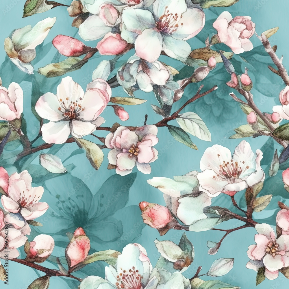 Watercolor of Seamless Floral Painting . Apple Tree Blossom .AI generated Illustration.