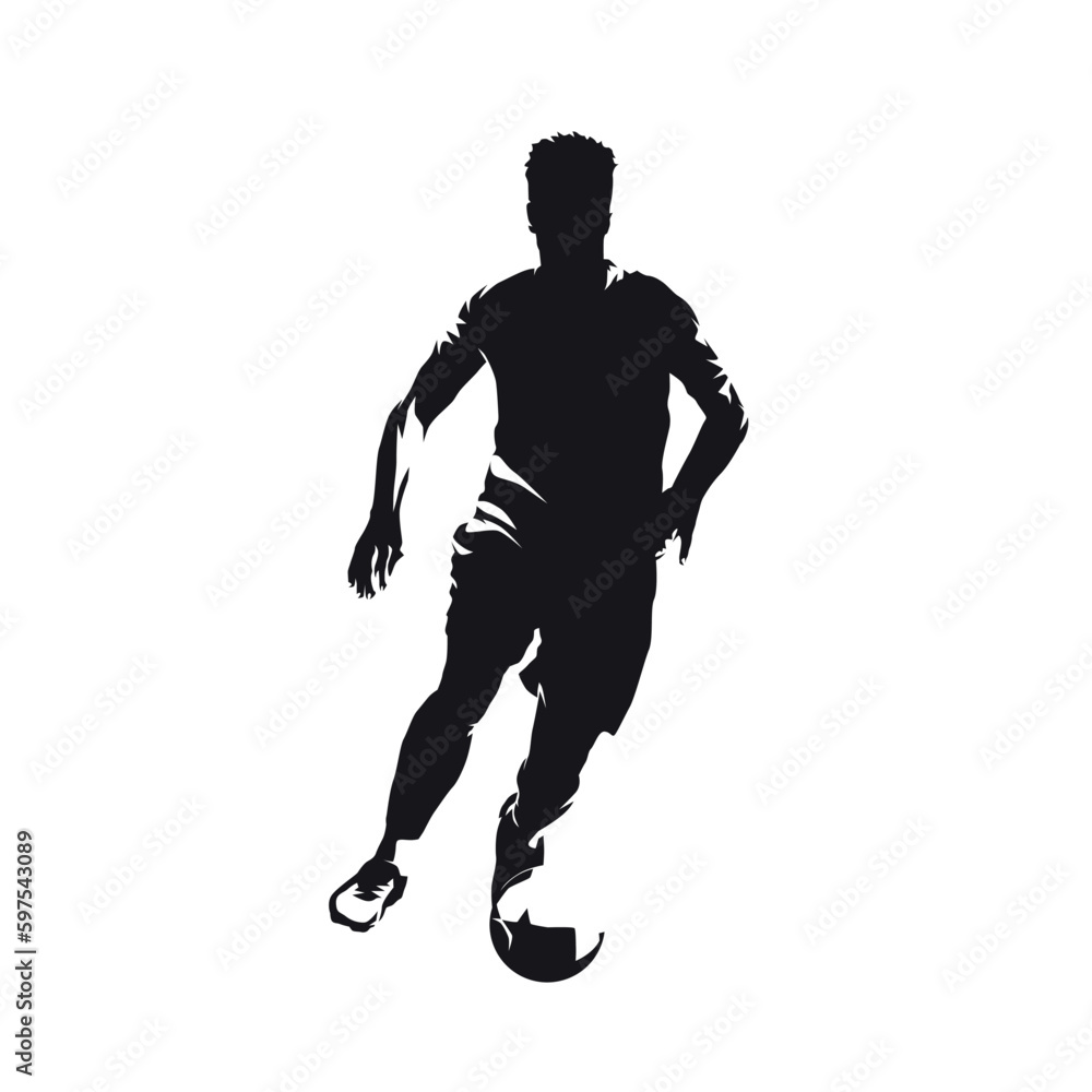 Soccer player running with ball, isolated vector silhouette. Footballer, front view