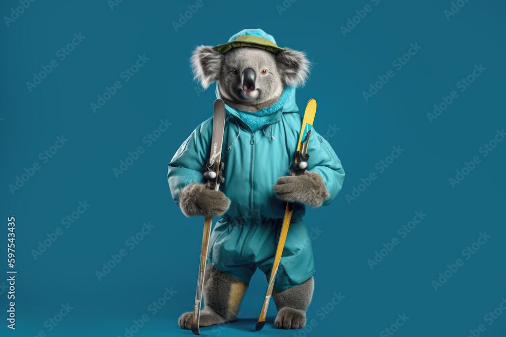 koala holding skis in a winter suit on a blue background, Generative AI koala holding skis in a winter suit on a blue background, Generative AI