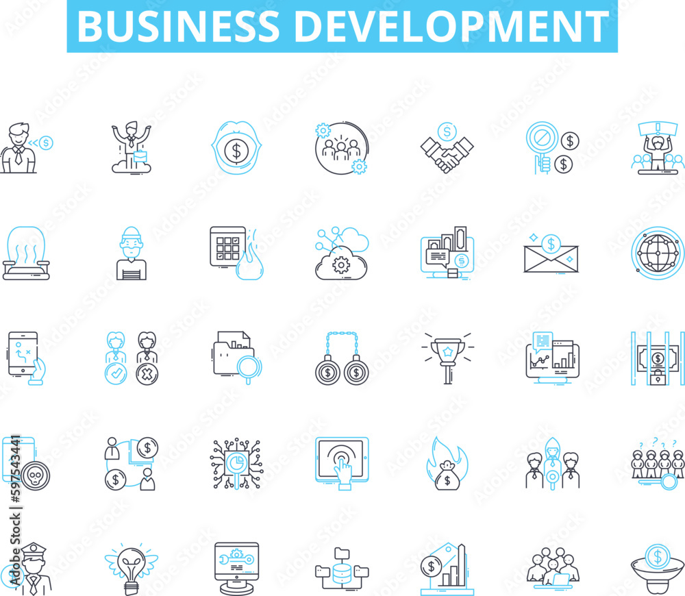 Business development linear icons set. Strategy, Growth, Innovation, Nerking, Collaboration, Market, Revenue line vector and concept signs. Clients,Sales,Planning outline illustrations Generative AI Business development linear icons set. Strategy, Growth, Innovation, Nerking, Collaboration, Market, Revenue line vector and concept signs. Clients,Sales,Planning outline illustrations Generative AI