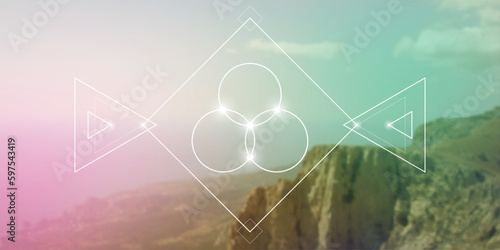 Flower of life. Tree of life. Sacred geometry spiritual new age futuristic illustration with transmutation interlocking circles, triangles and glowing particles