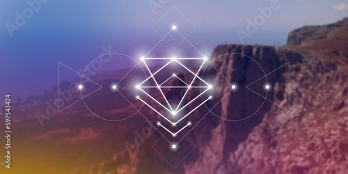 Sacred geometry spiritual new age futuristic illustration with transmutation interlocking circles, triangles and glowing particles
