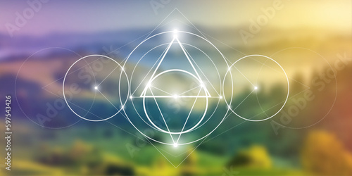 Sacred geometry spiritual new age futuristic illustration with transmutation interlocking circles, triangles and glowing particles