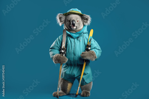koala holding skis in a winter suit on a blue background, Generative AI © gankevstock