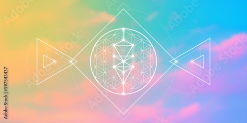 Flower of life. Tree of life. Sacred geometry spiritual new age futuristic illustration with transmutation interlocking circles, triangles and glowing particles