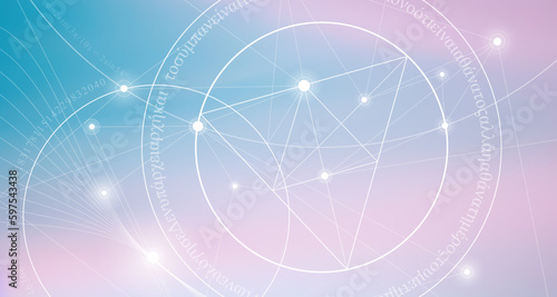 Sacred geometry spiritual new age futuristic illustration with transmutation interlocking circles, triangles and glowing particles