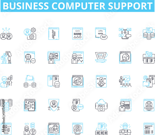 Business computer support linear icons set. Hardware, Software, Nerking, IT, Security, Maintenance, Troubleshooting line vector and concept signs. Helpdesk,Backup,Recovery outline Generative AI