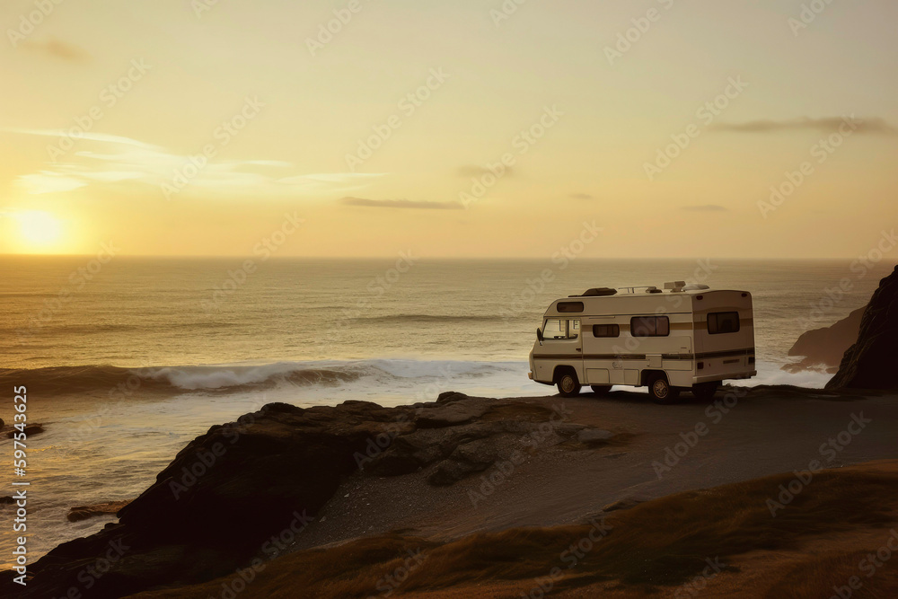 Fototapeta premium Generative AI illustration of RV trailer parked in a field next to the ocean with sunset light in holidays