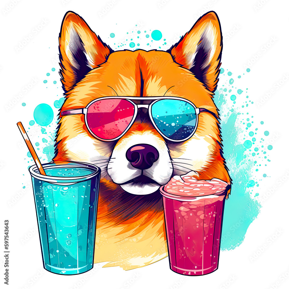 Cute shiba inu dog in sunglasses with cocktail or mocktail, AI