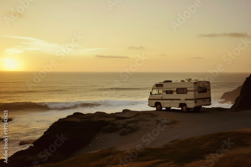 Generative AI illustration of RV trailer parked in a field next to the ocean with sunset light in holidays © Eduardo Lopez