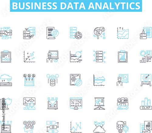 Business data analytics linear icons set. Insights, Metrics, Visualization, Dashboards, Optimization, Data, Analytics line vector and concept signs. Intelligence,Trends,Strategies Generative AI