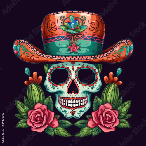 Day of the Dead Sugar Skull in sambrero with cactus and red roses Generative AI photo