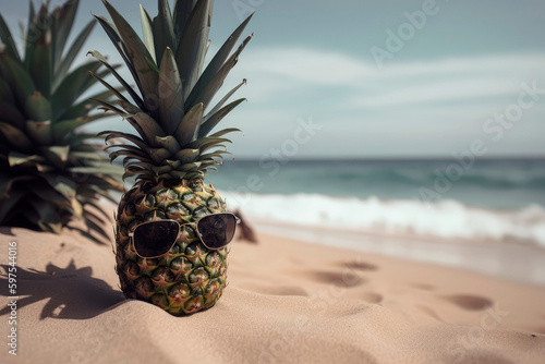 Generative AI illustration of pineapple on the beach with sunglasses on a sunny day with tropical colors