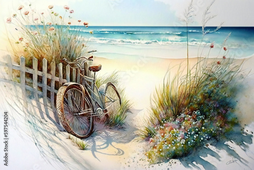 Summer Serenity: A Watercolor Painting of an Ocean Summer Scene with a Beach, Fence, Bike.