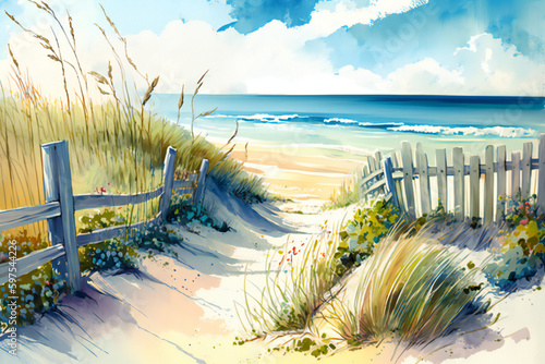 Summer Serenity: A Watercolor Painting of an Ocean Summer Scene with a Beach, Fence, Bike.
