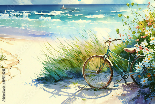Summer Serenity: A Watercolor Painting of an Ocean Summer Scene with a Beach, Fence, Bike.