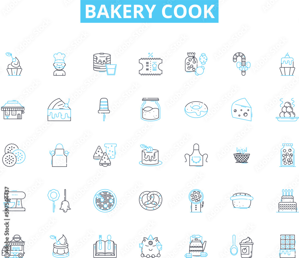 Bakery cook linear icons set. Dough, Yeast, Flour, Oven, Whisk, Piping, Mixing line vector and concept signs. Kneading,Rolling,Butter outline illustrations Generative AI