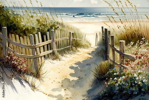 Summer Serenity: A Watercolor Painting of an Ocean Summer Scene with a Beach, Fence, Bike.