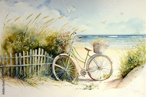 Summer Serenity: A Watercolor Painting of an Ocean Summer Scene with a Beach, Fence, Bike.