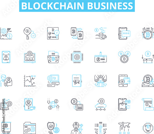 Blockchain business linear icons set. Decentralization, Cryptocurrency, Smart Contracts, Transparency, Distributed Ledgers, Cryptography, Immutable line vector and concept signs. Generative AI
