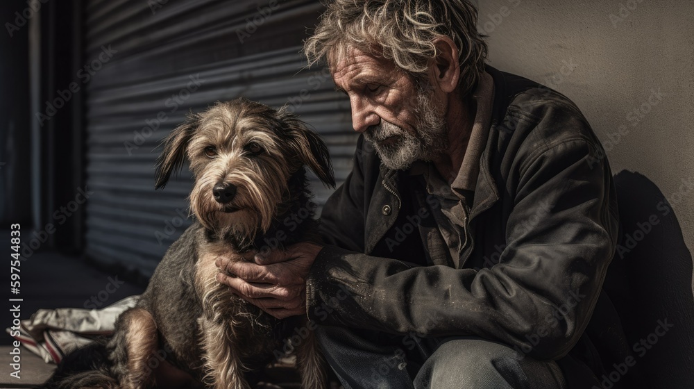 Emotional Portrait of a Homeless Individual and Their Exhausted Dog Emotional Portrait of a Homeless Individual and Their Exhausted Dog