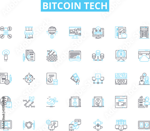 Bitcoin tech linear icons set. Cryptocurrency, Blockchain, Mining, Node, Hashrate, Satoshi, Digital line vector and concept signs. Wallet,Ledger,Transaction outline illustrations Generative AI