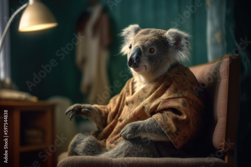 cute old koala sitting in a chair at home, Generative AI
