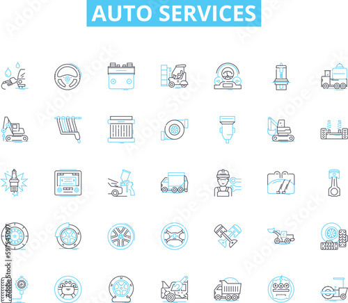 Auto services linear icons set. Maintenance, Repair, Inspection, Detailing, Oil change, Brakes, Tires line vector and concept signs. Alignment,Transmission,Engine outline illustrations Generative AI