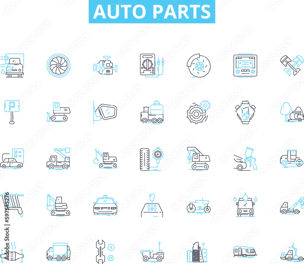Auto parts linear icons set. Engine, Suspension, Brakes, Transmission, Battery, Alternator, Radiator line vector and concept signs. Ignition,Exhaust,Filter outline illustrations Generative AI