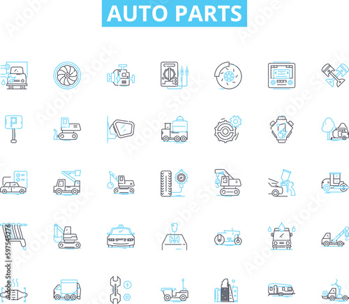 Auto parts linear icons set. Engine, Suspension, Brakes, Transmission, Battery, Alternator, Radiator line vector and concept signs. Ignition,Exhaust,Filter outline illustrations Generative AI