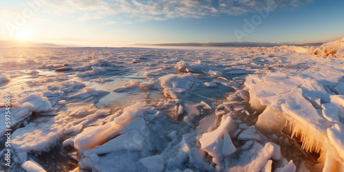 Fotografia A vast, frozen tundra, with icy winds and treacherous crevasses, illuminated by