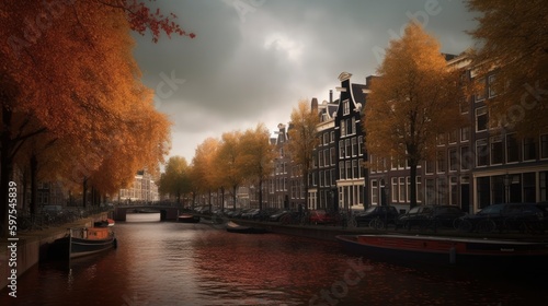 The autumn in the city of Amsterdam, Netherlands, Beautiful canals in Amsterdam at autumn photo