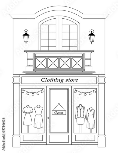 Women's clothing store. Exterior. Black and white vector graphics.