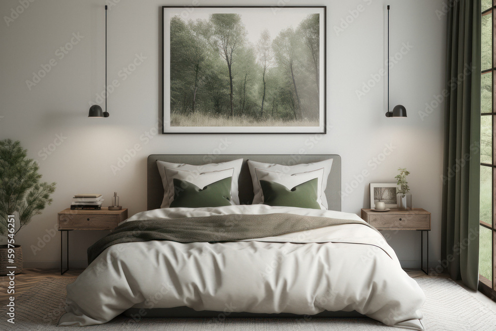 Fototapeta premium Minimalist Bedroom with Landscape Poster Mockup
