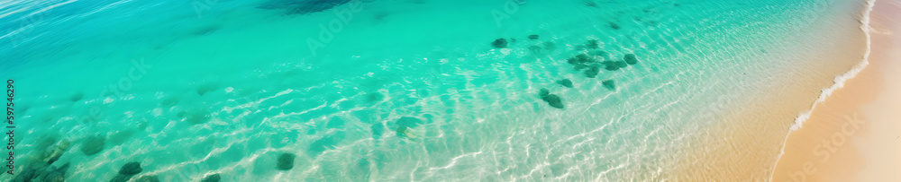 Panoramic view of a turquoise transparent sea - Holiday banner - Generative AI