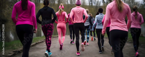 crowd of women wearing pink sport clothes, running in the nature - pink october - Generative AI