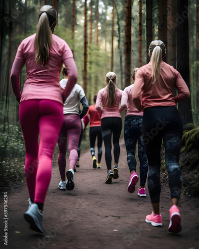 a crowd of women wearing pink sport clothe, running in the nature - pink october theme - Generative AI
