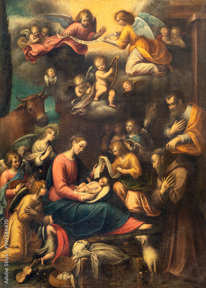 GENOVA, ITALY - MARCH 6, 2023: The painting of Nativity With the St. Francis in the church  Basilica della Santissima Annunziata del Vastato by Guglielmo Caccia - Moncalvo (1568 - 1625).
