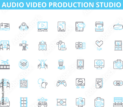 Audio video production studio linear icons set. Recording, Sound, Studio, Production, Mixing, Mastering, Editing line vector and concept signs. Composing,Arranging,Mic outline illustrations