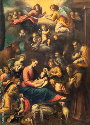 GENOVA  ITALY - MARCH 6  2023  The painting of Nativity With the St. Francis in the church  Basilica della Santissima Annunziata del Vastato by Guglielmo Caccia - Moncalvo  1568 - 1625 .