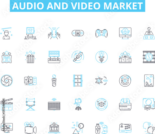 audio and video market linear icons set. Sound, Visuals, Speakers, Headphs, Amplifiers, Microphs, High-definition line vector and concept signs. Surround,Recording,Playback outline illustrations