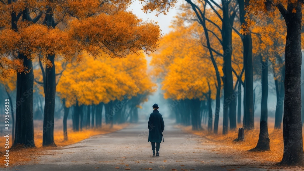 Melancholic scene with the cold autumn wind blowing fiercely, leaves rustling and falling from the trees, alone figure standing on the desolate street