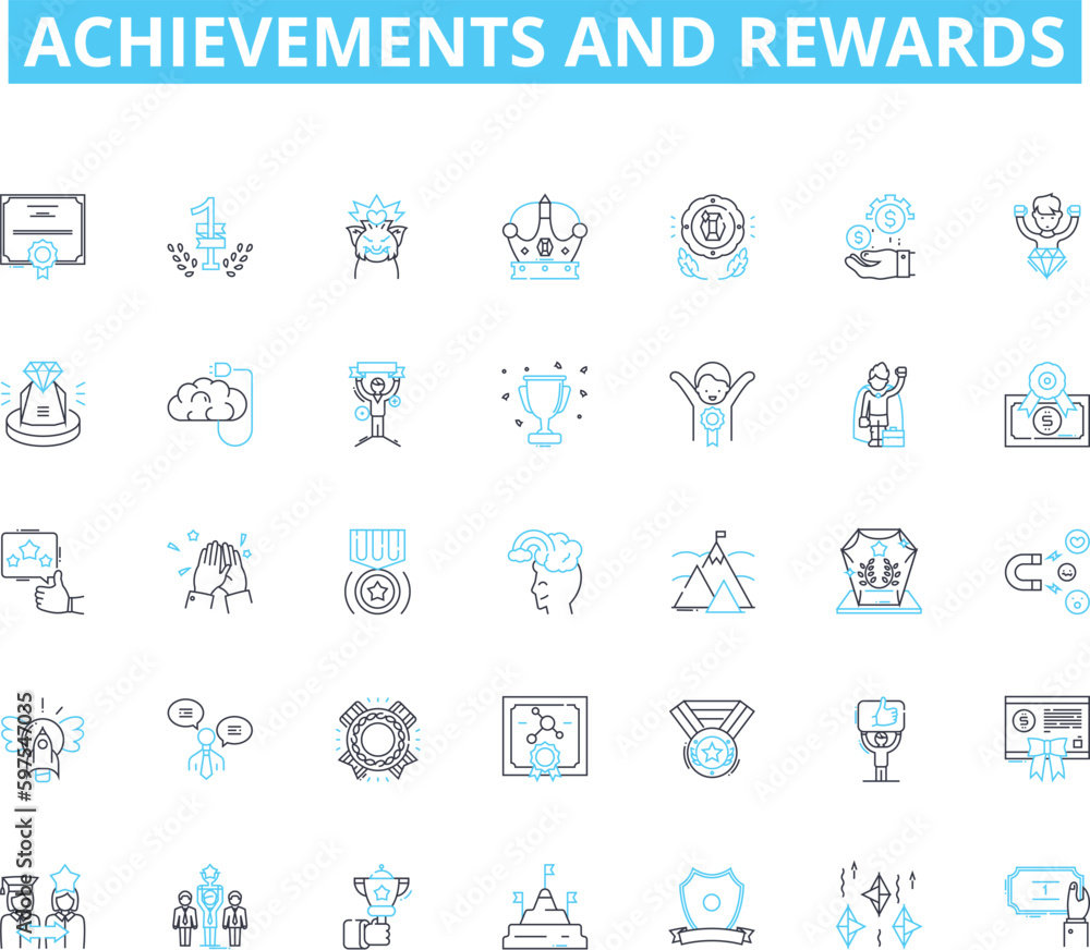 Achievements and rewards linear icons set. Accomplished, Successful, Victory, Champion, Achievement, Accomplishment, Success line vector and concept signs. Triumph,Prosperity,Bonus Generative AI