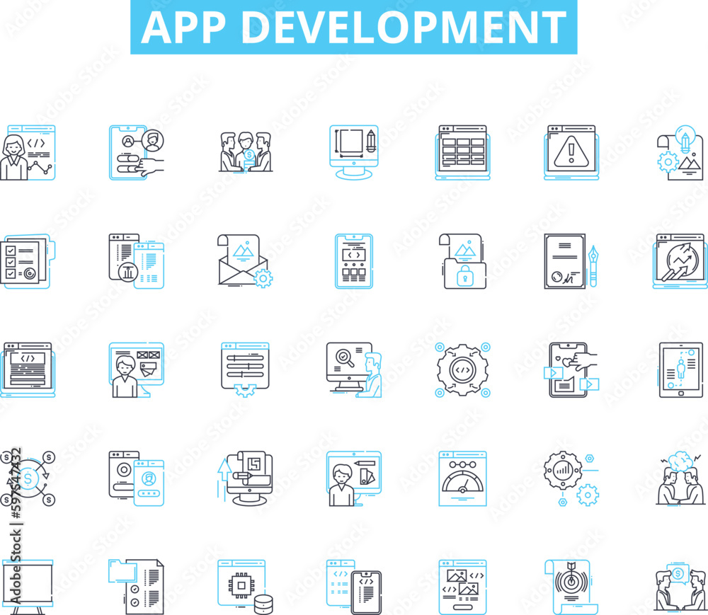 App development linear icons set. Platform, Framework, Code, Interface, Compatibility, Usability, Functionality line vector and concept signs. Design,Integration,User experience outline Generative AI App development linear icons set. Platform, Framework, Code, Interface, Compatibility, Usability, Functionality line vector and concept signs. Design,Integration,User experience outline Generative AI